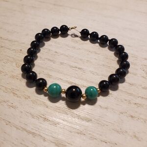 Vintage Hong Kong Designer Signed WV 14kt Gold, Onyx, & Malachite Bracelet